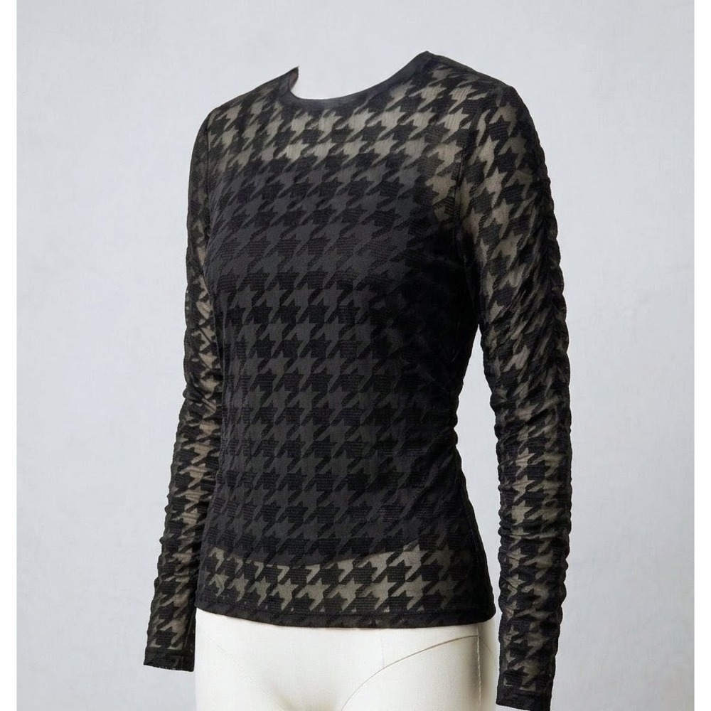 DKNY Black Sheer Houndstooth Blouse Top Long Sleeve Size XL Lined Sheer Career